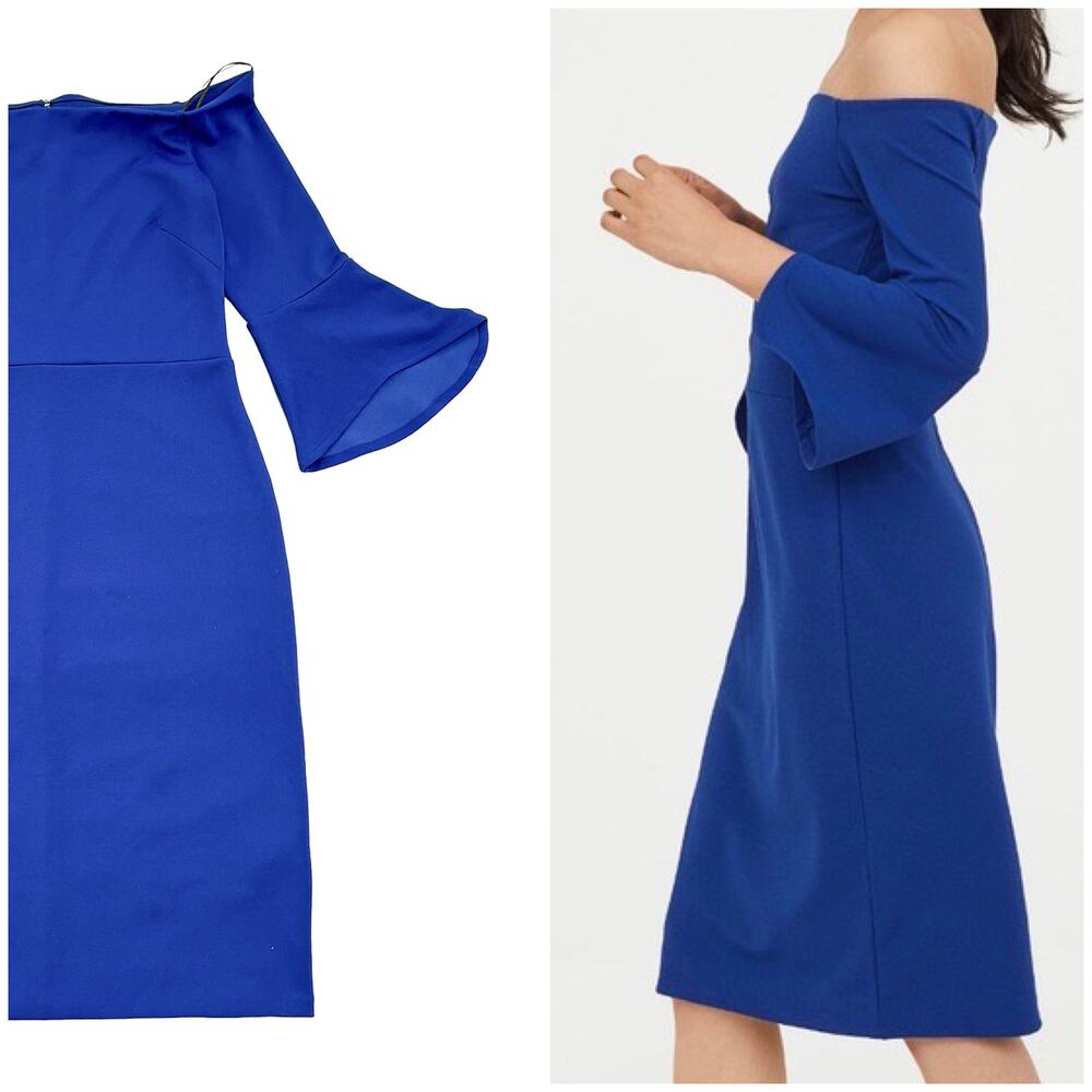H&M Off Shoulder Sheath Dress Size M Royal Blue Bell Sleeve Knee Length Cocktail